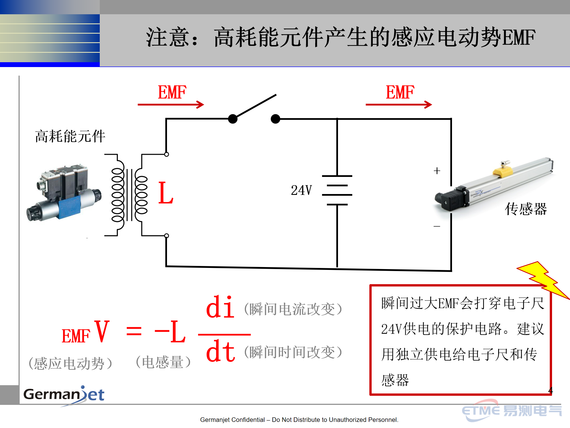 模拟输出电子尺安装注意事项 第4页:注意:高耗能元件产生的感应电动势EMF