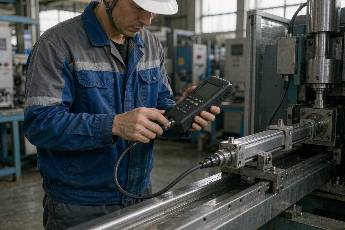 现场工程师用调试工具连接磁致伸缩位移传感器核对回波与读数